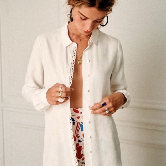 Sezane Cream Button Down Shirt with Lace Detail - Picture 2 of 6